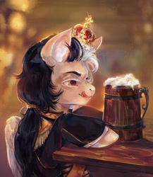 Size: 1872x2160 | Tagged: safe, artist:dedalekha, oc, oc only, pegasus, pony, alcohol, beer, clothes, crown, epaulettes, jewelry, licking, licking lips, military uniform, mug, ponytail, regalia, solo, table, tongue out, uniform