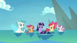 Size: 3410x1920 | Tagged: safe, screencap, apple bloom, scootaloo, sweetie belle, terramar, twilight sparkle, alicorn, earth pony, hippogriff, pegasus, pony, seapony (g4), unicorn, g4, season 8, surf and/or turf, apple bloom's bow, bow, cutie mark crusaders, female, filly, foal, hair bow, high res, male, mare, smiling, twilight sparkle (alicorn)