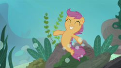 Size: 3410x1920 | Tagged: safe, screencap, scootaloo, pegasus, pony, seapony (g4), g4, season 8, surf and/or turf, ^^, cute, cutealoo, eyes closed, female, filly, foal, grin, high res, ocean, seaponified, seapony scootaloo, smiling, solo, species swap, underwater, water
