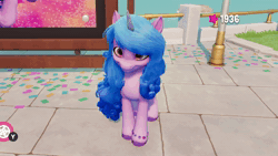 Size: 1920x1080 | Tagged: safe, screencap, izzy moonbow, pony, unicorn, g5, my little pony: a maretime bay adventure, animated, female, game screencap, idle, looking around, mare, no sound, smiling, webm, zoomed in