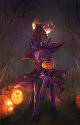 Size: 1388x2160 | Tagged: safe, artist:dedalekha, oc, oc only, oc:w, eevee, pony, unicorn, cape, clothes, costume, forest, full moon, halloween, halloween costume, hat, holiday, jack-o-lantern, moon, night, pokémon, pumpkin, pumpkin carving, solo, tree, wizard hat