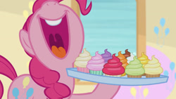Size: 3410x1920 | Tagged: safe, screencap, pinkie pie, earth pony, pony, g4, marks for effort, season 8, cupcake, female, food, high res, imminent consumption, imminent stuffing, mare, mawshot, nose in the air, open mouth, open smile, school of friendship, smiling, solo, uvula, volumetric mouth