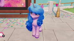 Size: 1920x1080 | Tagged: safe, screencap, izzy moonbow, pony, unicorn, g5, my little pony: a maretime bay adventure, animated, cute, female, game screencap, giggling, idle, izzybetes, looking around, mare, no sound, open mouth, smiling, webm, zoomed in