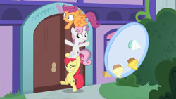 Size: 3410x1920 | Tagged: safe, screencap, apple bloom, scootaloo, sweetie belle, earth pony, pegasus, pony, unicorn, g4, marks for effort, season 8, apple bloom's bow, belly, bipedal, bow, cupcake, cutie mark crusaders, female, filly, foal, food, hair bow, high res, one eye closed, open mouth, school of friendship, spread wings, tray, trio, wings