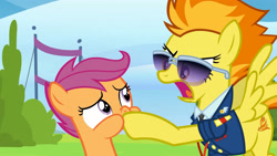 Size: 3410x1920 | Tagged: safe, screencap, scootaloo, spitfire, pegasus, pony, g4, season 8, the washouts (episode), boop, duo, female, filly, foal, full body wing and hoof cast drinking through a straw, high res, mare, open mouth, spread wings, wings