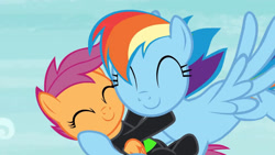 Size: 3410x1920 | Tagged: safe, screencap, rainbow dash, scootaloo, pegasus, pony, g4, season 8, the washouts (episode), ^^, cute, cutealoo, dashabetes, duo, eyes closed, female, filly, flying, foal, high res, hug, mare, scootalove, smiling, spread wings, wings
