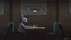 Size: 3840x2160 | Tagged: safe, artist:doughnutwubbs, oc, oc only, condiments, dark, diner, dinner, drink, food, glass, high res, lonely, male, pasta, poster, restaurant, sitting, solo, spaghetti