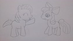 Size: 3920x2204 | Tagged: safe, artist:up_p_ab, apple bloom, babs seed, earth pony, pony, g4, cousins, female, filly, foal, high res, sketch, traditional art