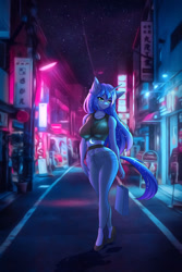Size: 845x1267 | Tagged: safe, artist:hellcat120, princess luna, alicorn, anthro, bag, bedroom eyes, belly button, breasts, building, busty princess luna, city, cityscape, clothes, curvy, detailed background, digital art, female, fishnet clothing, high heels, horn, horoscope, hourglass figure, jeans, jewelry, lamppost, looking at you, necklace, night, pants, pose, s1 luna, shirt, shoes, solo, tail, thighs, tokyo, wide hips