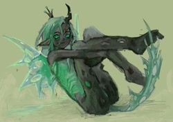 Size: 2876x2036 | Tagged: safe, artist:eyerealm, queen chrysalis, changeling, changeling queen, anthro, g4, ass, butt, curled up, female, high res, horn, horned humanization, human facial structure, solo, winged humanization, wings
