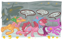 Size: 2500x1568 | Tagged: safe, artist:potozaur, alicorn, earth pony, pegasus, pony, unicorn, abstract, brainwashing, communism, factory, gulag, hammer and sickle, industrial, speech bubble, stars, text