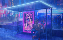 Size: 2800x1797 | Tagged: safe, artist:dogs, derpibooru exclusive, oc, anthro, plantigrade anthro, bus stop, cellphone, collage, cyberpunk, duo focus, female, glasses, male, phone, photoshop, rain, scenery, sitting, smartphone