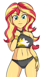 Size: 1901x3500 | Tagged: safe, artist:sumin6301, sunset shimmer, equestria girls, belly button, breasts, clothes, hand on hip, looking at you, simple background, stupid sexy sunset shimmer, sunset shimmer's beach shorts swimsuit, swimsuit, white background