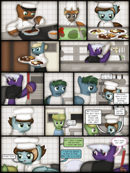 Size: 1750x2333 | Tagged: safe, artist:99999999000, oc, oc only, oc:chen lifan, oc:firearm king, earth pony, pony, comic:journey, chef, chef's hat, clothes, comic, cook, cooking, door, egg (food), female, food, hat, kitchen, knife, male, mop, onion, pancakes, plate, tomatoes, vegetables