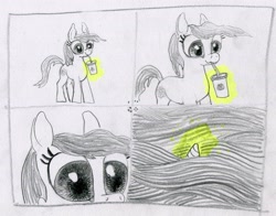 Size: 2271x1776 | Tagged: safe, artist:ja0822ck, oc, oc only, pony, unicorn, 4 panel comic, comic, drinking, micro horn, pencil drawing, solo, traditional art