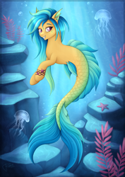 Size: 2480x3508 | Tagged: safe, artist:puggie, oc, oc only, oc:calypso glitterfin, hybrid, jellyfish, merpony, seapony (g4), starfish, air bubble, blue mane, bubble, coral, crepuscular rays, dorsal fin, female, fins, fish tail, floppy ears, flowing tail, high res, lidded eyes, looking at you, mermay, ocean, purple eyes, rock, scales, sharp teeth, signature, smiling, smiling at you, solo, sunlight, swimming, tail, teeth, underwater, water