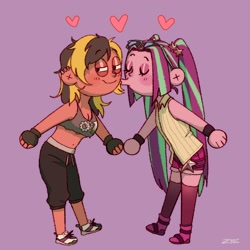 Size: 2048x2048 | Tagged: safe, artist:zie, aria blaze, oc, oc:high gear, earth pony, human, equestria girls, g4, armband, canon x oc, cheek kiss, clothes, disguise, disguised siren, equestria girls-ified, female, high res, kissing, lesbian, pigtails, purple background, shipping, simple background, smiling, socks, sunglasses, tank top, thigh highs, twintails
