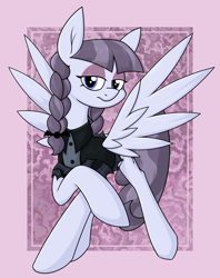 Size: 1708x2160 | Tagged: safe, artist:moonatik, inky rose, pegasus, pony, g4, abstract background, braid, clothes, eyeshadow, female, goth, makeup, mare, raised hoof, shirt, solo, spread wings, wings