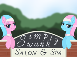 Size: 2048x1506 | Tagged: safe, artist:dyonys, aloe, lotus blossom, earth pony, pony, g4, accidental innuendo, bedroom eyes, choker, female, implied masturbation, mare, pun, spa, spa twins, text