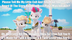 Size: 1920x1080 | Tagged: safe, edit, edited screencap, screencap, zipp storm, pegasus, pony, fanfic:rainbow dash plays matchmaker, g5, my little pony: make your mark, my little pony: make your mark chapter 1, spoiler:my little pony: make your mark, banner, brother, brother and sister, building, bush, caption, cloud, colt, day, dialogue, family, female, filly, flower, foal, grass, grass field, imminent incest, imminent sex, impact font, implied foalcon, implied incest, lamppost, lighthouse, male, mare, meme, outdoors, question, question mark, shakespearicles, shipping, siblings, sister, sky, street, symbol, talking, text, text edit, this will end in pregnancy, tracks, tree, twins, unnamed character, unnamed pony, wall of tags