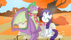 Size: 1280x720 | Tagged: safe, artist:mlplary6, rarity, spike, dragon, pony, unicorn, g4, ^^, autumn, bench, clothes, eyes closed, female, gigachad spike, heart, male, mare, older, older spike, scarf, shared clothing, shared scarf, ship:sparity, shipping, smiling, straight, striped scarf, tree