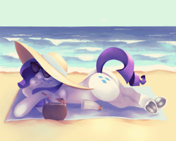 Size: 4145x3322 | Tagged: safe, artist:megatronsthiccthighs, rarity, pony, unicorn, beach, butt, eyes closed, female, high res, lineless, lying down, mare, ocean, outdoors, plot, prone, shading, solo, sunglasses, tail, underhoof, water