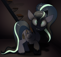 Size: 2435x2265 | Tagged: safe, artist:luxsimx, oc, oc only, oc:arkessa, pegasus, pony, fangs, high res, lip piercing, pegasus oc, piercing, scared, shadow, snake bites