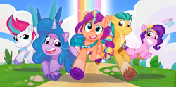 Size: 1450x720 | Tagged: safe, artist:rainbow eevee, hitch trailblazer, izzy moonbow, pipp petals, rainbow dash, sunny starscout, zipp storm, earth pony, pegasus, pony, unicorn, g5, my little pony: tell your tale, bag, blue sky, bracelet, cloud, cute, cutie mark, ear fluff, female, flying, grin, group, heart, heart hoof, hooves, horn, jewelry, looking at you, male, mane five (g5), mare, multicolored mane, open mouth, open smile, outdoors, rainbow, redraw, rock, shadow, smiling, spread wings, stallion, trail, tree, underhoof, unshorn fetlocks, wallpaper, watermark, wings