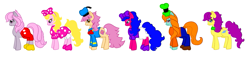 Size: 1323x306 | Tagged: safe, artist:mattiedrawsponies, bon bon (g1), bright eyes, clover (g1), melody, patch (g1), starlight (g1), earth pony, pony, g1, g4, my little pony tales, bondog (g1), bow, bowtie, bright eyedorable, clothes, cloverbetes, collar, costume, crossover, cute, daisy duck, disney, donald duck, female, g1 adorabon, g1 to g4, generation leap, goofy (disney), hair bow, hat, mare, melobetes, mickey mouse, minnie mouse, pants, patchabetes, pink shoes, pluto (disney), sailor hat, shoes, short pants, simple background, skirt, stawwlight, white background