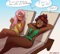 Size: 1280x1156 | Tagged: safe, artist:mlp-hearts, fluttershy, tree hugger, human, g4, absolute cleavage, beach chair, blushing, breasts, chair, cleavage, clothes, dark skin, dialogue, duo, female, humanized, lesbian, ship:flutterhugger, shipping, swimsuit