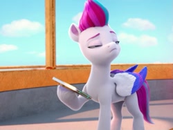 Size: 747x563 | Tagged: safe, screencap, zipp storm, pegasus, pony, g5, my little pony: make your mark, my little pony: make your mark chapter 1, spoiler:my little pony: make your mark, female, hoof hold, lidded eyes, looking away, mare, phone