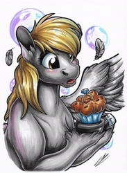 Size: 1920x2630 | Tagged: safe, artist:lupiarts, derpy hooves, pegasus, pony, g4, bubble, feather, female, food, implied shipping, jewelry, mare, marriage proposal, muffin, ring, solo, traditional art, unshorn fetlocks, wings