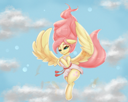 Size: 1500x1197 | Tagged: safe, artist:inkypuso, fluttershy, angel, pegasus, pony, semi-anthro, alternate hairstyle, clothes, cloud, cute, female, flying, mare, robe, shyabetes, sky, solo