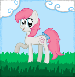 Size: 839x857 | Tagged: safe, artist:dinkydoostarshine, snuzzle, earth pony, pony, g1, g4, blue bow, blue eyes, bow, cloud, cloudy, cute, female, field, g1 to g4, generation leap, grass, grass field, hooves, mare, open mouth, open smile, pink hair, pink mane, pink tail, ponyland, raised hoof, raised leg, smiling, snuzzlebetes, standing, tail, tail bow