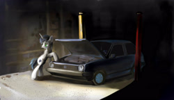 Size: 3222x1861 | Tagged: safe, artist:alexandrvirus, oc, oc only, oc:shifting gear, pony, unicorn, car, looking back, mechanic, mouth hold, volkswagen, volkswagen golf, wrench