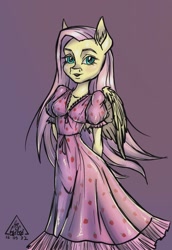 Size: 1485x2160 | Tagged: safe, artist:gigisarts, fluttershy, pegasus, anthro, g4, clothes, dress, female, pink dress, pink hair, solo