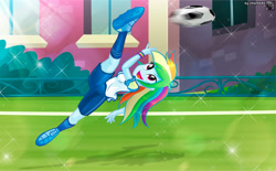 Size: 1573x975 | Tagged: safe, artist:charliexe, rainbow dash, human, equestria girls, g4, ass, ball, butt, cleats, clothes, commission, female, football, grass, kicking, open mouth, shirt, shoes, shorts, soccer shoes, socks, solo, sports, t-shirt, tomboy