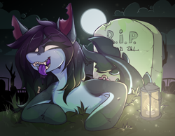Size: 3861x3000 | Tagged: safe, artist:rico_chan, oc, earth pony, firefly (insect), insect, pony, shark, shark pony, undead, zombie, zombie pony, cloud, darkness, dirt, fish tail, glowing, glowing eyes, grass, gravestone, graveyard, high res, lantern, light, moon, sketch, solo, tail, teeth, tongue out