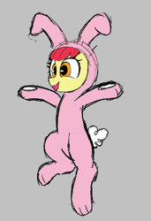 Size: 273x398 | Tagged: safe, artist:poncarnal, apple bloom, earth pony, pony, aggie.io, animal costume, bunny costume, bunny ears, clothes, costume, female, filly, foal, jumping, lowres, open mouth, simple background, smiling