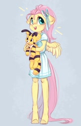 Size: 694x1079 | Tagged: safe, artist:melodylibris, fluttershy, pegasus, anthro, unguligrade anthro, g4, alternate hairstyle, aside glance, catbee, clothes, cute, dress, emanata, female, filly, filly fluttershy, floppy ears, hair ribbon, looking at you, open mouth, open smile, plushie, poppy playtime, ribbon, shyabetes, smiling, solo, standing, younger