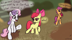 Size: 1280x721 | Tagged: safe, artist:hiddelgreyk, apple bloom, scootaloo, sweetie belle, earth pony, pegasus, pony, unicorn, g4, ball, bipedal, bow, clubhouse, cutie mark crusaders, female, filly, foal, google experimenting on elon musk with kitten chemicals, grass, hair bow, meme, ponymagnets, sitting, text, trio, wat