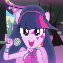 Size: 360x360 | Tagged: safe, screencap, twilight sparkle, human, equestria girls, g4, my little pony equestria girls: rainbow rocks, perfect day for fun, animated, cropped, cute, gif, looking at you, makeup, microphone, ponied up, sleeveless, solo, twiabetes, wings
