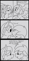 Size: 804x1688 | Tagged: safe, artist:thebathwaterhero, oc, oc:lavender, oc:maple dreams, earth pony, pegasus, pony, duo, earth pony oc, female, filly, foal, food, implied lesbian, kissing, lineart, pegasus oc, waffle