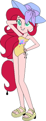 Size: 228x600 | Tagged: safe, artist:icicle-niceicle-1517, artist:yeetmedownthestairs, color edit, edit, oc, oc only, oc:painted lilly, human, equestria girls, g4, clothes, collaboration, color, colored, feet, grin, hat, humanized, humanized oc, nonbinary, nose piercing, nose ring, piercing, sandals, simple background, smiling, solo, sun hat, swimsuit, transparent background