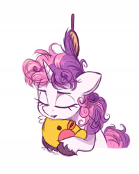 Size: 1569x1958 | Tagged: safe, artist:fanzeem, sweetie belle, pony, unicorn, brush, cute, diasweetes, eyes closed, female, filly, foal, hairbrush, messy mane, morning ponies, open mouth, plushie, simple background, solo, tired, unshorn fetlocks, white background