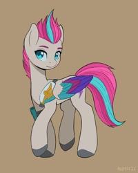 Size: 1600x2000 | Tagged: safe, artist:asimos, zipp storm, pegasus, pony, g5, brown background, colored wings, detective zipp, eyebrows, female, folded wings, looking at you, mare, multicolored wings, signature, simple background, solo, tail, two toned mane, two toned tail, wings