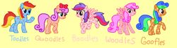 Size: 2194x606 | Tagged: safe, artist:thecircusmaster64, earth pony, pegasus, pony, g4, black sclera, blue eyes, boodles, bow, brown eyes, crossover, curly hair, curly mane, curly tail, cute, disney, female, goofles, goofy, hair bow, helpers, male, mare, mickey mouse clubhouse, multicolored hair, multicolored mane, multicolored tail, pink hair, pink mane, pink tail, ponified, quoodles, silly, simple background, smiling, spots, stallion, straight hair, straight mane, straight tail, tail, toodles, woodles, yellow background, yellow eyes