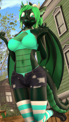 Size: 2160x3840 | Tagged: safe, artist:donglysfm, oc, oc:emerald dusk, dracony, dragon, hybrid, anthro, plantigrade anthro, 3d, :p, anthro oc, boots, breasts, clothes, cute, cute little fangs, denim shorts, ear fluff, fangs, female, high res, horns, revamped anthros, shoes, shorts, socks, source filmmaker, stockings, striped socks, thigh highs, tongue out, unbuttoned, unzipped, unzipped pants