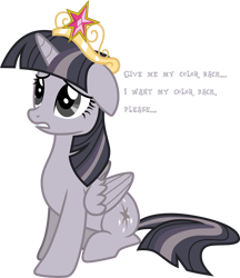Size: 3000x3469 | Tagged: safe, artist:cloudy glow, artist:wardex101, edit, twilight sparkle, alicorn, pony, g4, princess twilight sparkle (episode), big crown thingy, cute, depressed, discorded, discorded twilight, element of magic, female, floppy ears, high res, jewelry, mare, regalia, sad, simple background, sitting, solo, text, transparent background, twiabetes, twilight sparkle (alicorn), twilight tragedy, vector