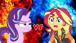 Size: 1280x720 | Tagged: safe, starlight glimmer, sunset shimmer, human, pony, unicorn, equestria girls, equestria girls specials, g4, my little pony equestria girls: better together, my little pony equestria girls: forgotten friendship, school raze, angry, duel, sunset vs starlight, vs